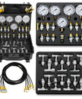 All In One Hydraulic Pressure Test Kit With Five Gauges 10 100 250 400 600 Bar 13 Test Couplings And 14 Tees Universal Heavy Duty Hydraulic Gauge Set For Excavators And Loaders Compatible With CAT John Deere Komatsu Hitachi Kobelco And More displayed in a rugged case with cables and couplings.