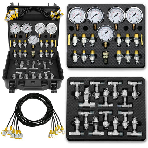 All In One Hydraulic Pressure Test Kit With Five Gauges 10 100 250 400 600 Bar 13 Test Couplings And 14 Tees Universal Heavy Duty Hydraulic Gauge Set For Excavators And Loaders Compatible With CAT John Deere Komatsu Hitachi Kobelco And More displayed in a rugged case with cables and couplings.
