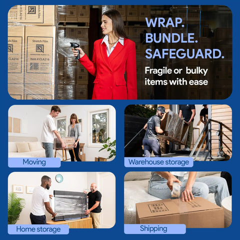 18 Inch Plastic Stretch Film Roll 1200 Feet Offers 500 Percent Stretch Capacity And 3 Inch Smooth Core Heavy Duty Packing Supply used for moving and warehouse storage.
