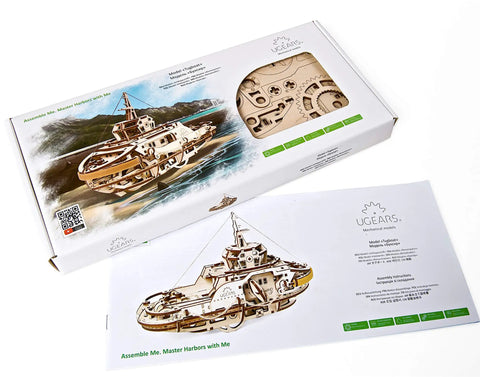 Rubber Band Powered Tugboat Model Kit 3D Wooden DIY Self Assembly Brainteaser With Mechanical Gears And Pendulum Motion For Curious Builders And Creative DIY Enthusiasts, box and instructions
