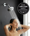 Woman enjoying shower with Six Function Luxury Shower Head With High Pressure Boost Anti Clog Nozzles, chrome finish visible