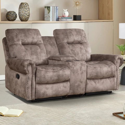 Dual Manual Recliner Loveseat Sofa With Center Console And Hidden Storage, Cup Holders, Vintage Rivet Mid Century Design, Cozy Brown Finish