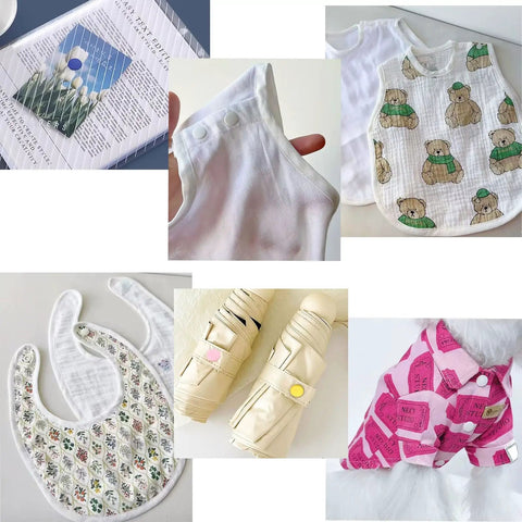 Collage of clothing with plastic snap buttons from Snap Button Kit With Pliers, 150 Sets In 15 Colors, for sewing projects.