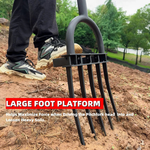 Heavy Duty Garden Fork With Five Diamond Point Tines, 45 Inch Long Hand Tiller in use on soil with slip foot plate visible