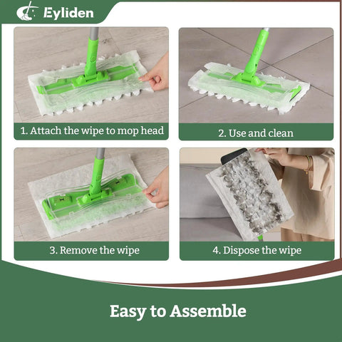 Step-by-step assembly for 24 Count Heavy Duty Pet Hair Sweeper Pads For 10 Inch Mop deep fiber clean pet fur.