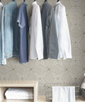 Gold Aurum Self Adhesive Wallpaper With Gray Geometric Pattern Peel And Stick Wall Covering in a modern closet setting