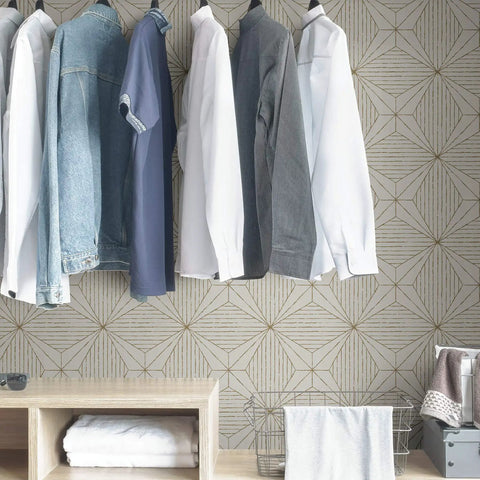 Gold Aurum Self Adhesive Wallpaper With Gray Geometric Pattern Peel And Stick Wall Covering in a modern closet setting