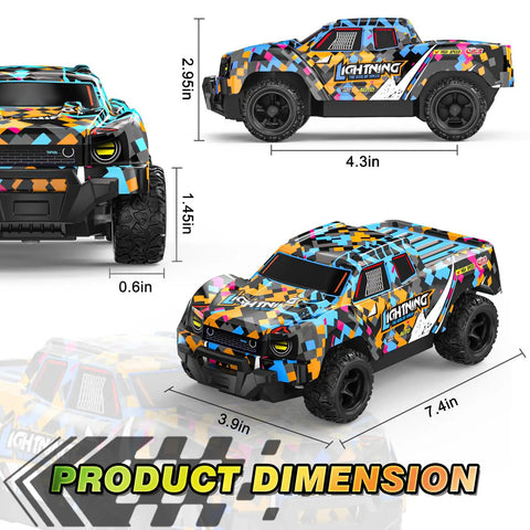 Remote Control Pickup RC Car 1 To 24 Scale With Light Up LED Effects, multicolor with dimensions labeled
