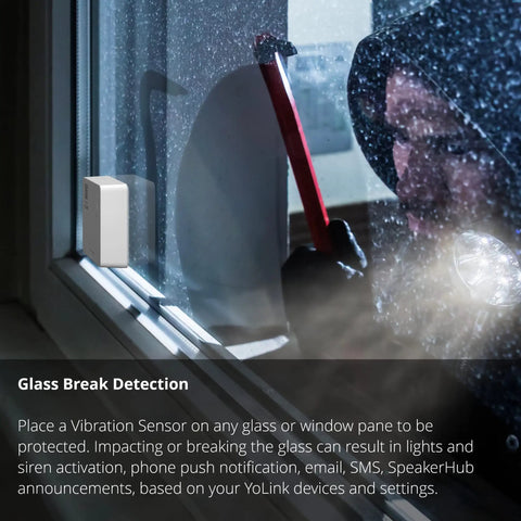 LoRa Smart Vibration Sensor With Shock And Glass Break Detection, Tamper Alarm, Motion And Generator Running Alerts, No Monthly Fee Self Monitoring, Email SMS And Push Notifications, One Quarter Mile Open Air Range, Alexa Compatible, Hub Not Included on window glass