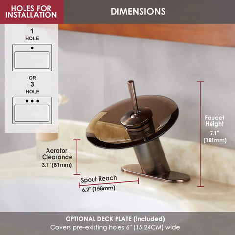 Oil Rubbed Bronze Waterfall Bathroom Sink Faucet With Brass Modern Circle Glass Disk Rinser, in single hole vanity setup with measurements.