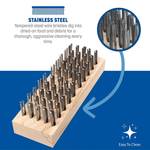 Heavy Duty Butcher Block Cleaning Brush For Cutting Boards In Commercial Kitchens With Steel Wire Bristles And A Tough As Nails Solid Block Handle Tan Finish 7.75 X 2.63 Inches Pack Of 12 showing close-up of metal bristles