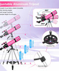 High Powered 80mm Refractor Telescope For Adults And Kids Portable 600mm Travel Scope with pink adjustable aluminum tripod