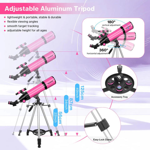 High Powered 80mm Refractor Telescope For Adults And Kids Portable 600mm Travel Scope with pink adjustable aluminum tripod