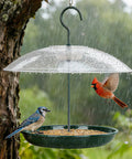 Outdoor Platform Bird Feeder With 12 Inch Weatherproof Dome And Squirrel Resistant Tray 2 Lb Seed Capacity 360 Degree Feeding Easy Hang Green Backyard Feeder For All Birds under rainfall