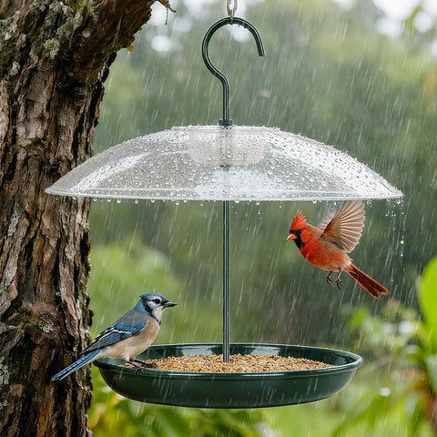 Outdoor Platform Bird Feeder With 12 Inch Weatherproof Dome And Squirrel Resistant Tray 2 Lb Seed Capacity 360 Degree Feeding Easy Hang Green Backyard Feeder For All Birds under rainfall
