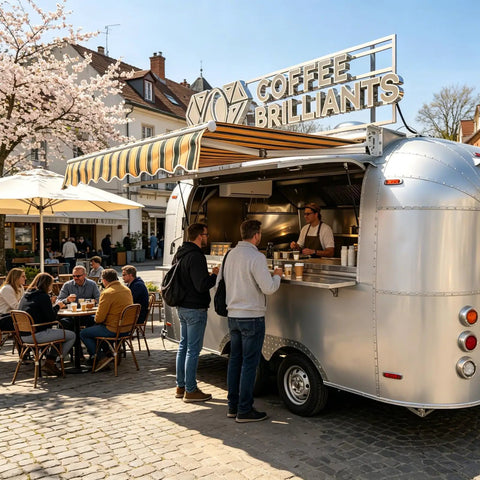 Direct From Yard Aluminum Commercial Food Truck With Dot Certified Mobile Catering Trailer Built Solid For Launching Your Street Food Hustle Without Middleman Fuss, busy serving coffee.
