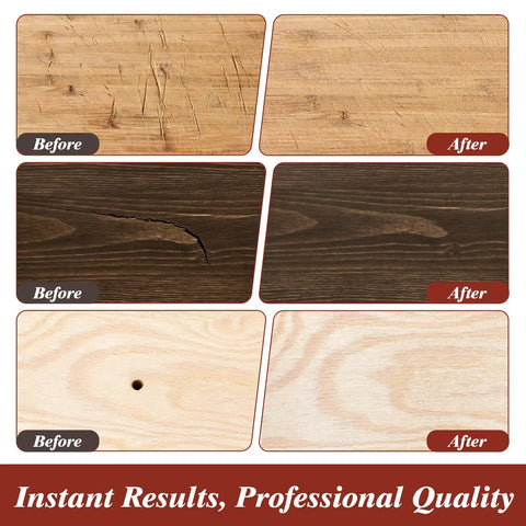 Before and after images of wood surfaces repaired with 100 Pcs Wood Filler Sticks With 50 Colors For DIY Quick Scratch Repair.