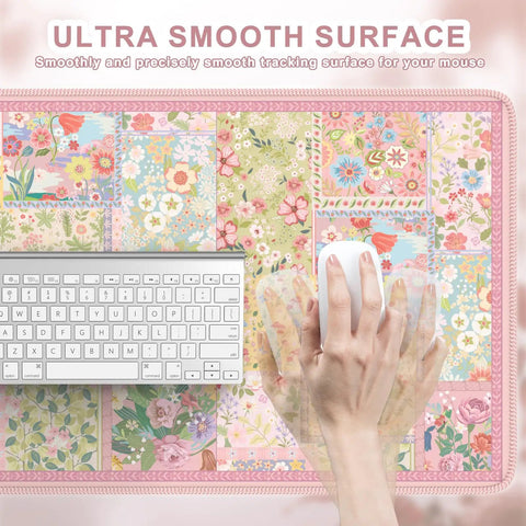 Pink Floral XXL Desk Pad For Keyboard And Mouse Extended 35.4 By 15.7 Inches with Stitched Edges and Ultra Smooth Surface