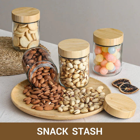 Four Pack 16 Oz Glass Jars With Airtight Lids And Bamboo Lids For Overnight Oats Meal Prep And Grab And Go Snacks Yogurt Spices Sugar