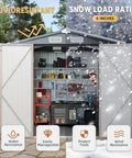 8x6 Ft Outdoor Metal Storage Shed With Galvanized Steel Construction, Double Doors open revealing organized tools inside