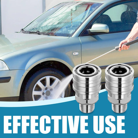 Two stainless steel 1/4-inch quick-connect pressure washer adapters with male NPT threads.