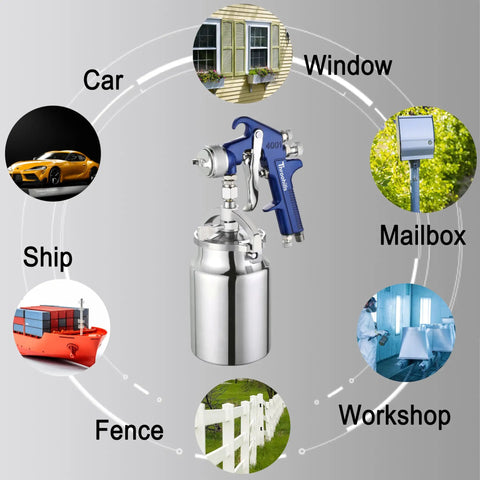 Smooth Operator Hvlp Spray Gun Featuring Siphon Feed Pour Handle Designed For Bumper To Bumper Car Repairs And Home Renovations with stainless steel cup.