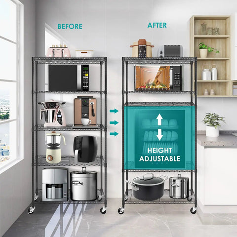 Total Workhorse Five Tier Black Wire Shelving Rack With Smooth Rollers Fully Adjustable NSF Certified Metal Storage Unit For Kitchen Pantry Garage Go Anywhere Rolling Caster Shelves Haul Three Hundred Thirty Pounds