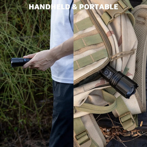 Rechargeable Flashlights 99000 Lumens Super Bright LED With 15 Hour Runtime 5 Modes IPX7 Waterproof shown handheld and on a backpack