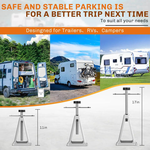 Premium Cast Aluminum Rv Stabilizer Jacks 4 Pack Heavy Duty Leveling Kit for Travel Trailer Camper shown with height adjustments.