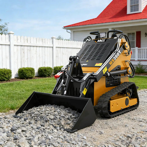 Mini Crawler Skid Steer Loader With 13.5HP EPA RATO Gasoline Engine Stand On Compact Loader 42 Inch Bucket unloading gravel