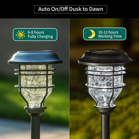Bright Solar Pathway Lights 4 Pack Outdoor Waterproof Crackle Glass Aluminum Stake Lights day and night view