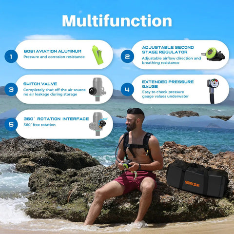 Diver with 1.9L Mini Scuba Tank Portable Pony Bottle for Underwater Exploration and Emergency Rescue on rocky shore.