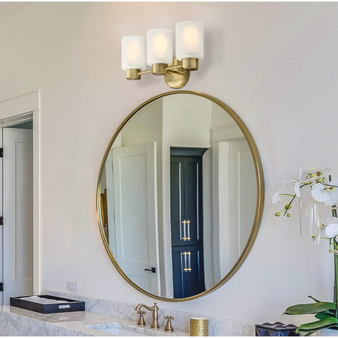 Three Light Wall Fixture In Champagne Brass Finish With Frosted Glass For Vanity Or Bath Mounts Up Or Down Transitional Modern Sconce
