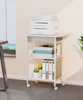 Built Tough 3 Tier Printer Stand With Fabric Drawer Rolling Storage Cart For Heat Press Scanner Fax Clean Mobile Desktop Organizer Office Setup White with printer, files, and plant.