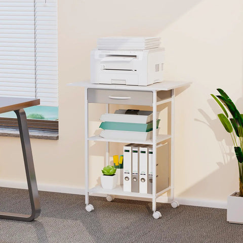 Built Tough 3 Tier Printer Stand With Fabric Drawer Rolling Storage Cart For Heat Press Scanner Fax Clean Mobile Desktop Organizer Office Setup White with printer, files, and plant.