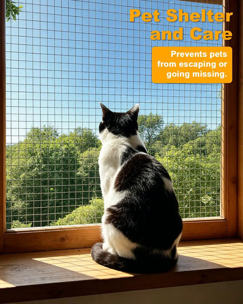 Cat sitting by a window with 48 Inch By 100 Foot Hardware Cloth Welded Wire Mesh Hot Dip Galvanized for garden fencing and predator protection.