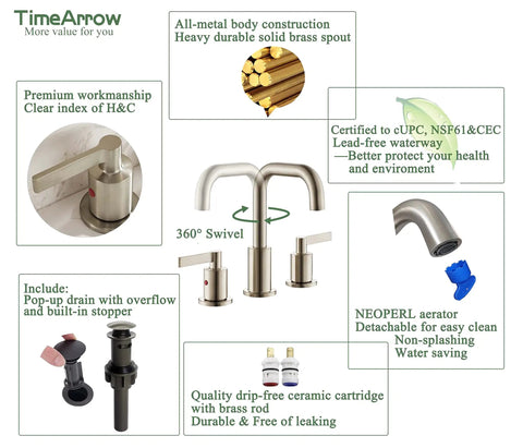 Brushed Gold Sleek 8 Inch Widespread Bathroom Faucet With Two Handles High Arc Spout Pop Up Drain 3 Hole Vanity Sink Faucet 360 Degree Brass Swivel Waterway No Drip CUPC NSF Certified diagram with features