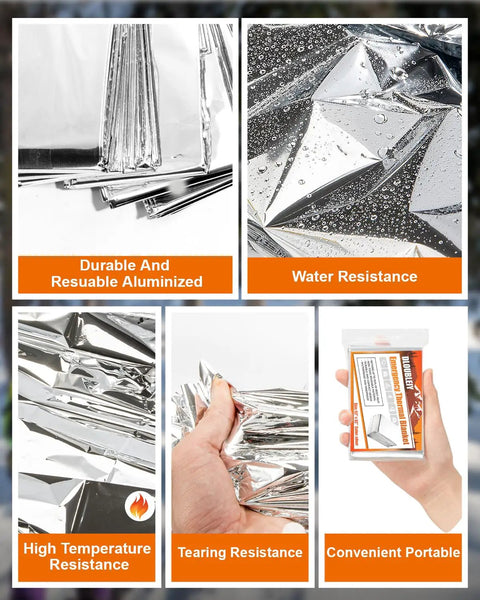 5 Pack Emergency Thermal Blankets Heavy Duty Mylar Space Blanket with waterproof, durable, and heat-resistant features.