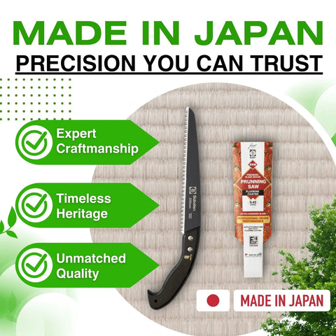 Image of Japanese Pruning Saw With Fluorine Coated High Carbon Steel Blade, wooden handle, packaging, text highlights craftsmanship and quality.