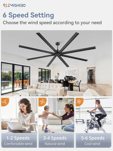Large 108-inch HVLS ceiling fan with 8 aluminum blades, DC motor, and remote, black finish in a modern living room.
