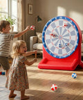 Inflatable Dart Board Pool Toy for Kids and Adults in living room with two children playing, Water Target Game Float Safe PVC, Red.