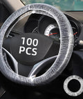 100 Pack Disposable Steering Wheel Covers With Elastic Fit displaying cover on steering wheel inside car