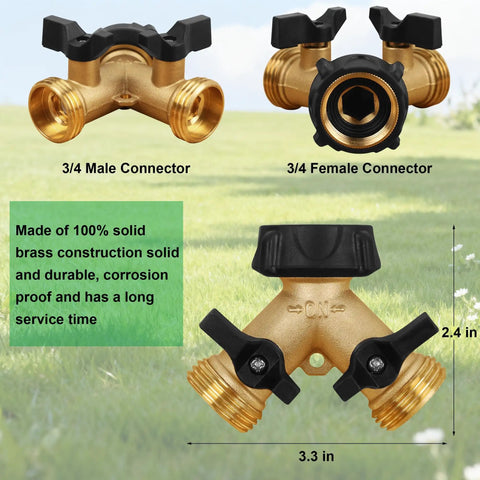 Heavy Duty Brass 2 Way Garden Hose Splitter With 2 Valves And Extra O Rings, Y Splitter Tap Connector For Dual Outlets, Corrosion Resistant, No Fuss Setup For Simultaneous Watering In Multiple Spots, 3/4 in connector