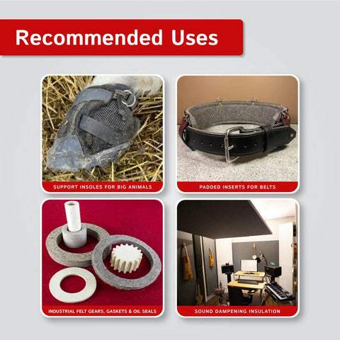 Recommended uses of F-7 Industrial Felt: insoles, belt inserts, gears, and sound dampening.