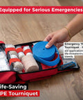 Red waterproof first aid kit opened to reveal 346-piece contents, blue tourniquet and rolled bandages