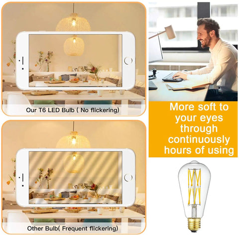 Comparison of T6 LED bulb with no flicker and other bulb with flicker, LED Edison Bulb Dimmable 12W 3000K Soft White 1200 Lumens, alongside workspace