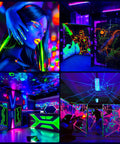 Super Bright UV Black Light 100W Flood Light With 10ft Power Cord IP66 Ultraviolet Stage Lighting For Halloween Parties DJ Club Neon Posters Glow In The Dark illuminating vibrant glow-in-the-dark art and scenes.