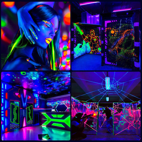 Neon glow environment showcasing bright ultraviolet light effects for parties using 150W LED UV Blacklight Flood Light.