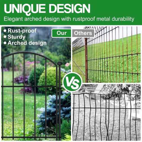 Easy No Dig Garden Fence Kit With 10 Arched Panels, rustproof metal, side-by-side comparison with other fence designs