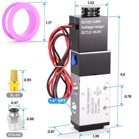 2 Position 5 Way Solenoid Valve DC 12V Pilot Operated Electric Valve With One Quarter Inch NPT Inlet and Outlet Wiring, coil visible